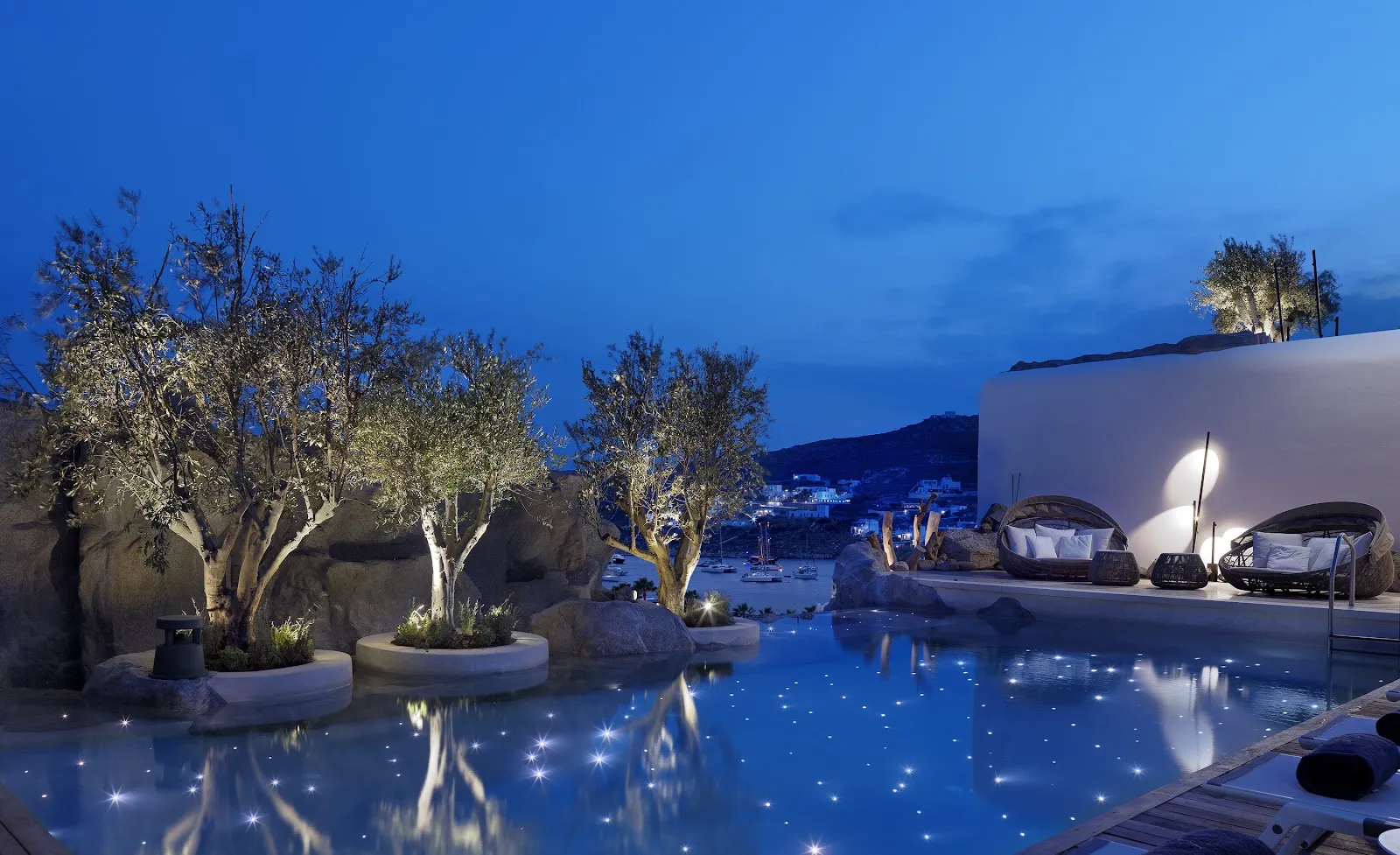 Terrace dining at Kenshō Ornos above Ornos Bay, Mykonos
