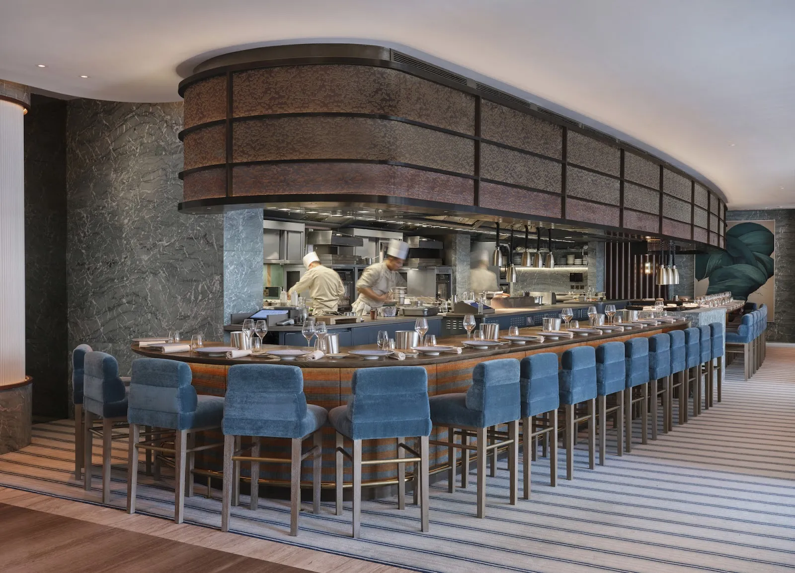 Counter and open kitchen at Pavyllon London, Mayfair