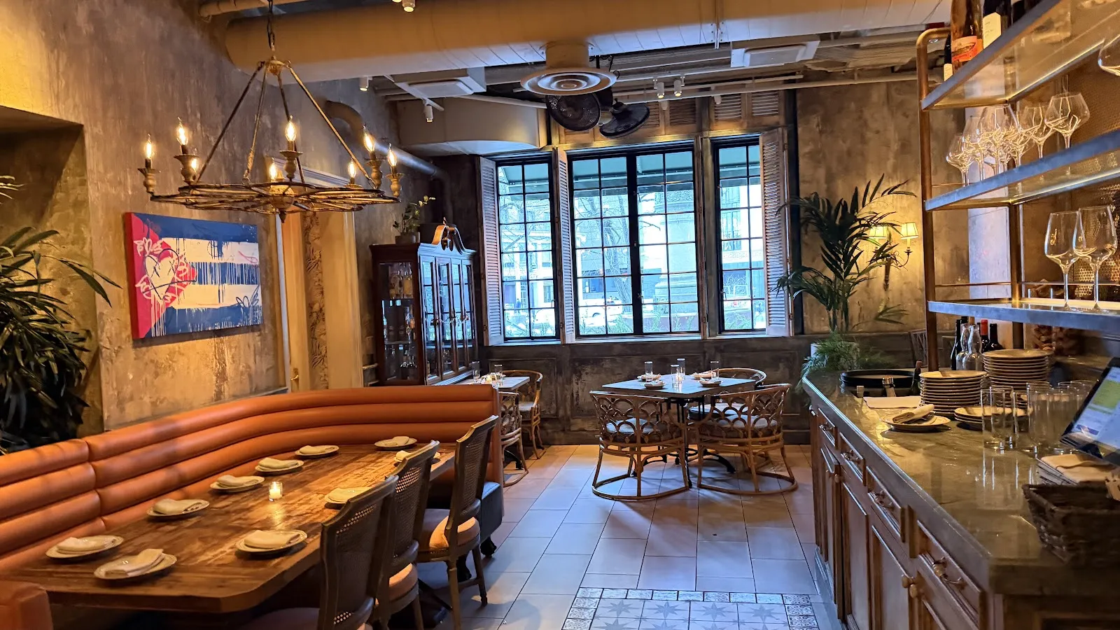The tropical Cuban-Latin dining room at Mariel, Post Office Square, Boston