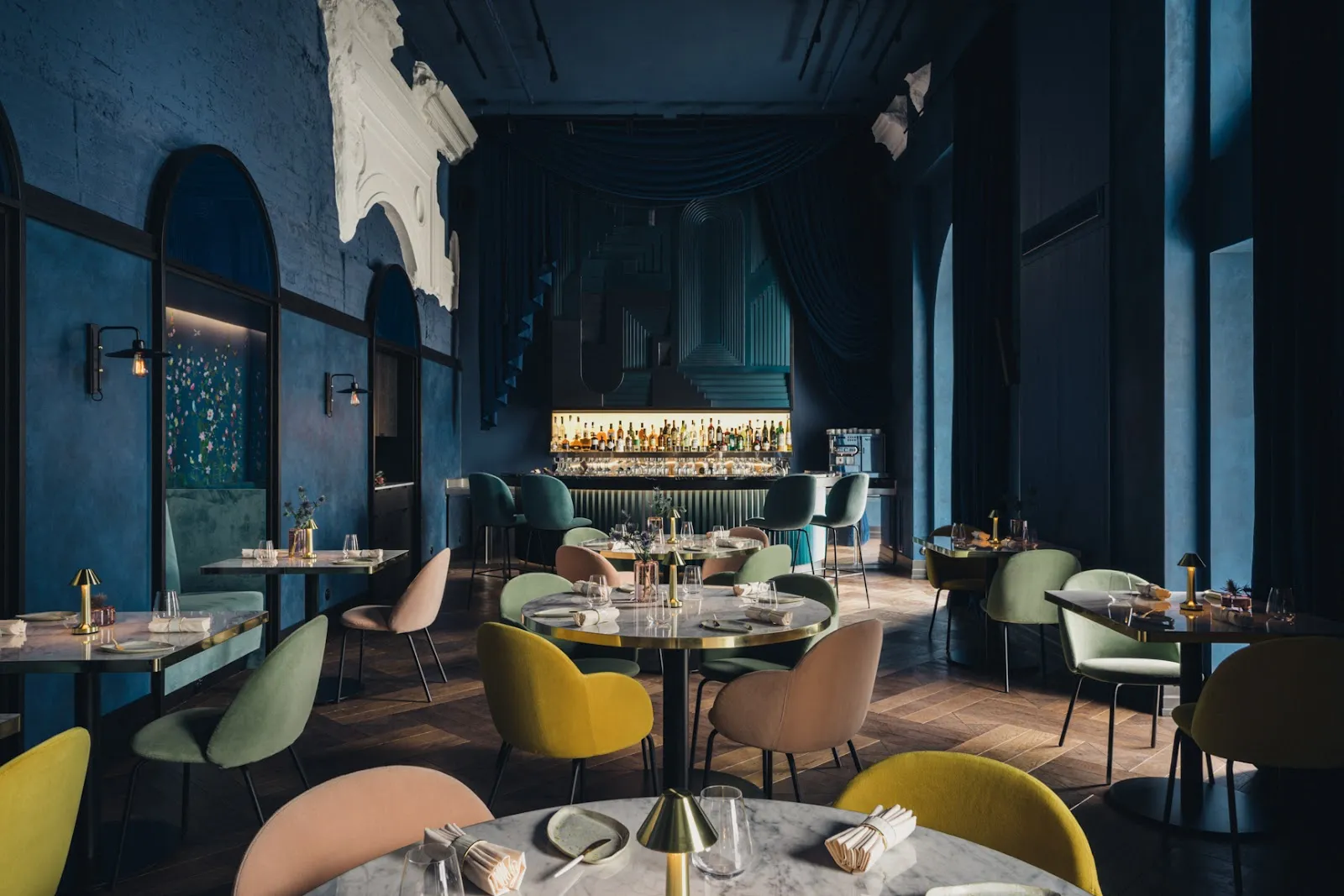 A single seat at a sushi bar in central Warsaw, set for a solo diner