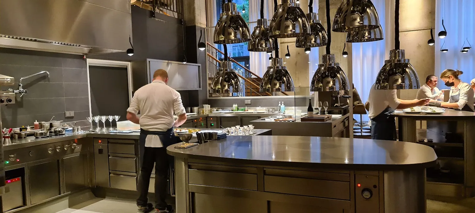 A single counter seat set for one diner at a Hamburg restaurant