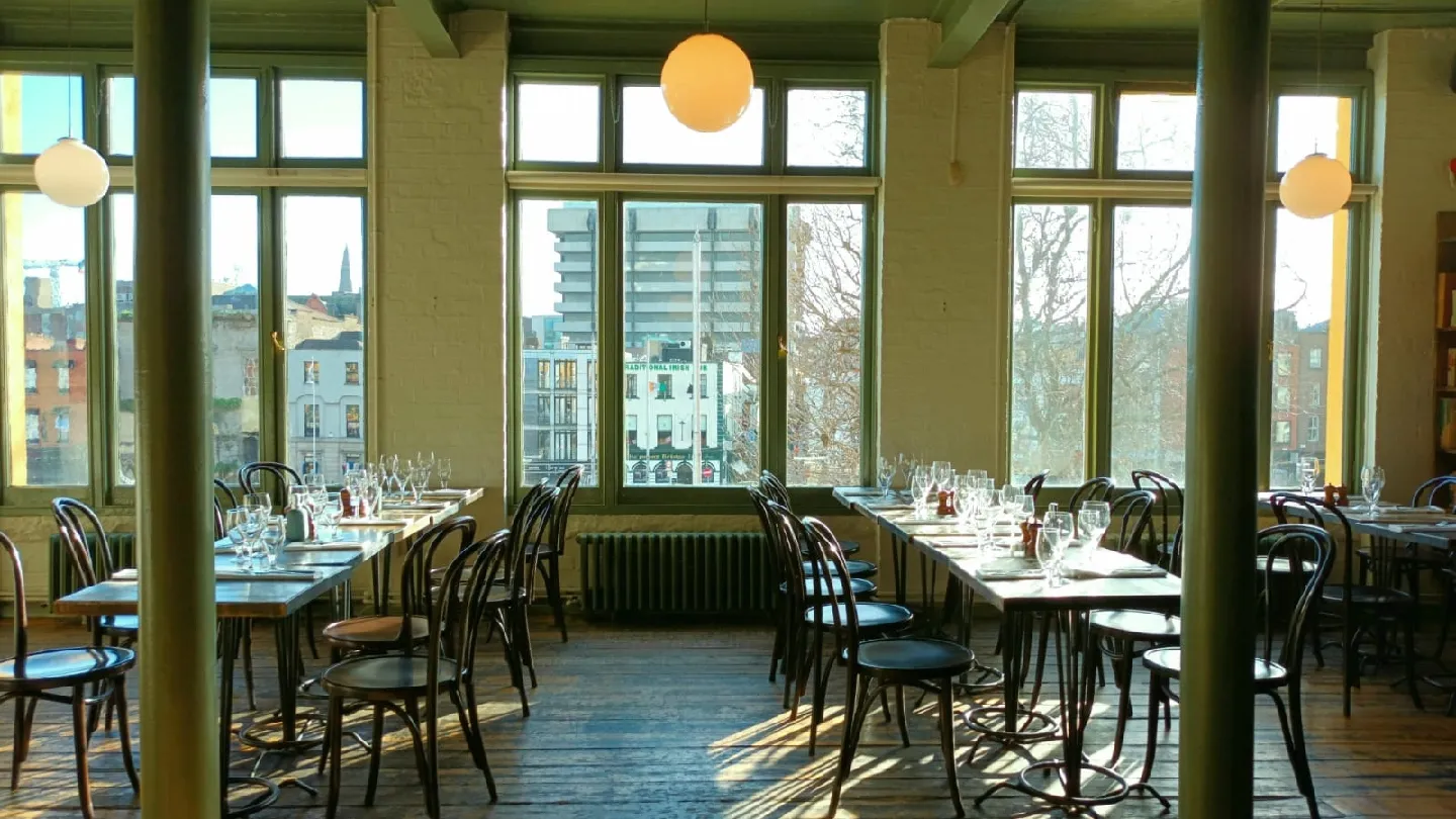 Window tables over the Ha'penny Bridge at The Winding Stair, Ormond Quay, Dublin