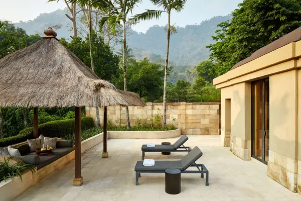 Open-air dining facing Borobudur at Amanjiwo, Magelang near Yogyakarta