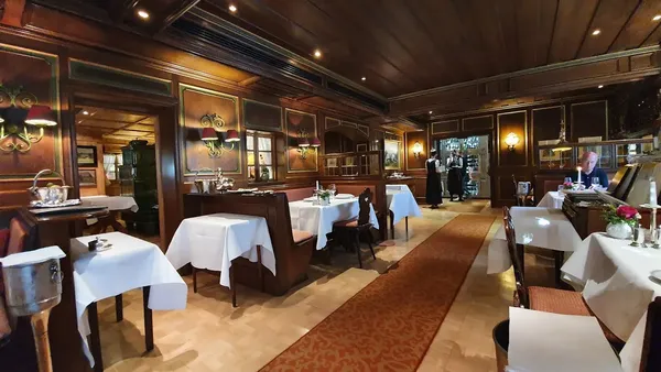 Pine-panelled dining room at Zirbelstube, Colombi Hotel, Freiburg